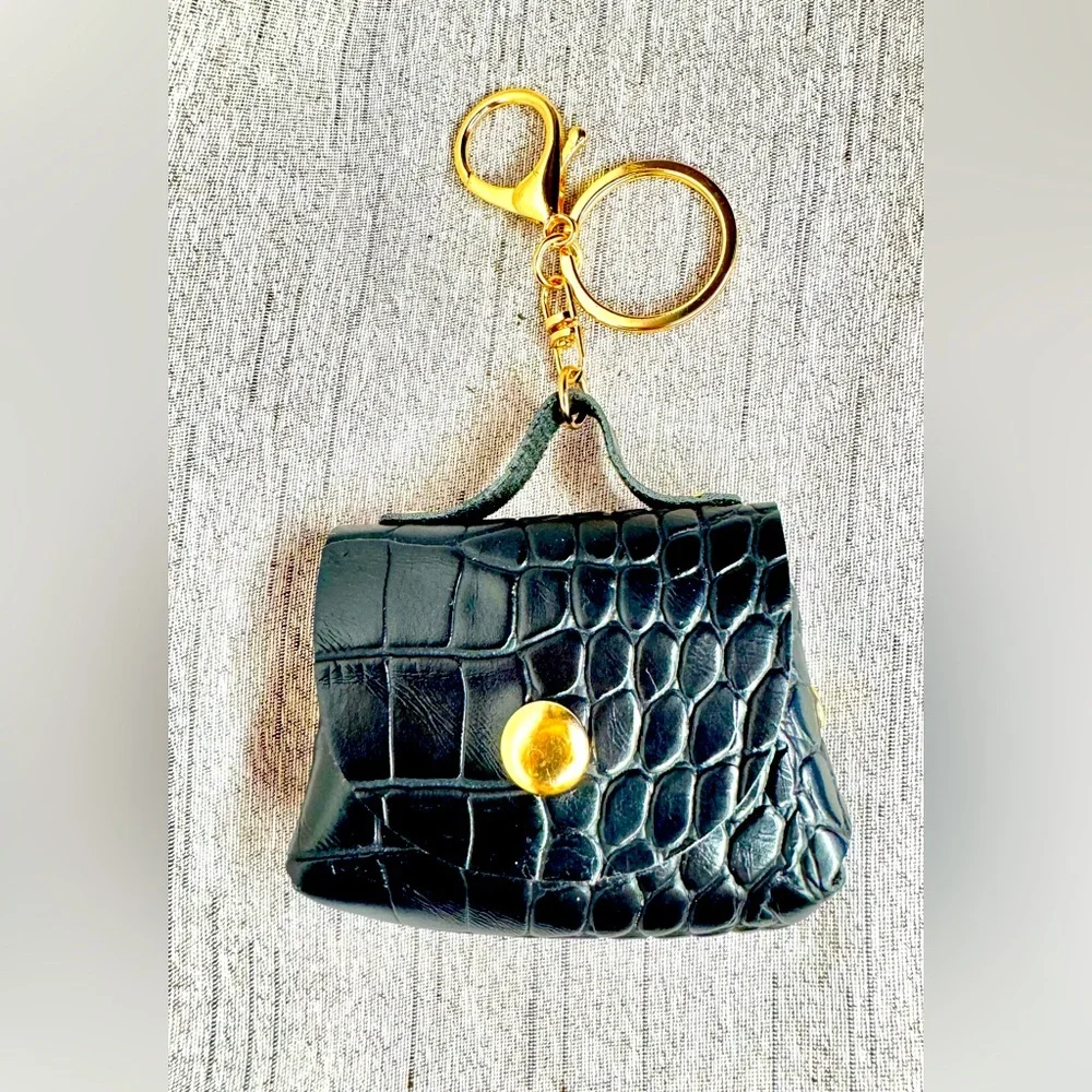Purse Bag Charm / AirPod Holder - Black Croc-Embossed Keychain with Gold Accents - Picture 1 of 4